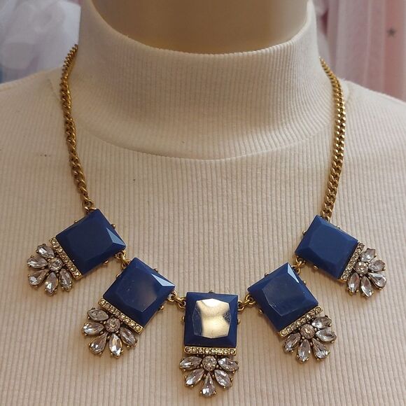 J.crew Blue and Clear Crystals Gold Tone Statement Necklace - Picture 4 of 6